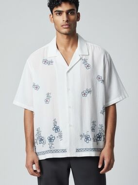 New Abercrombie & Fitch Pride Camp Collar Cropped Sheer Shirt With Beaded Accent
